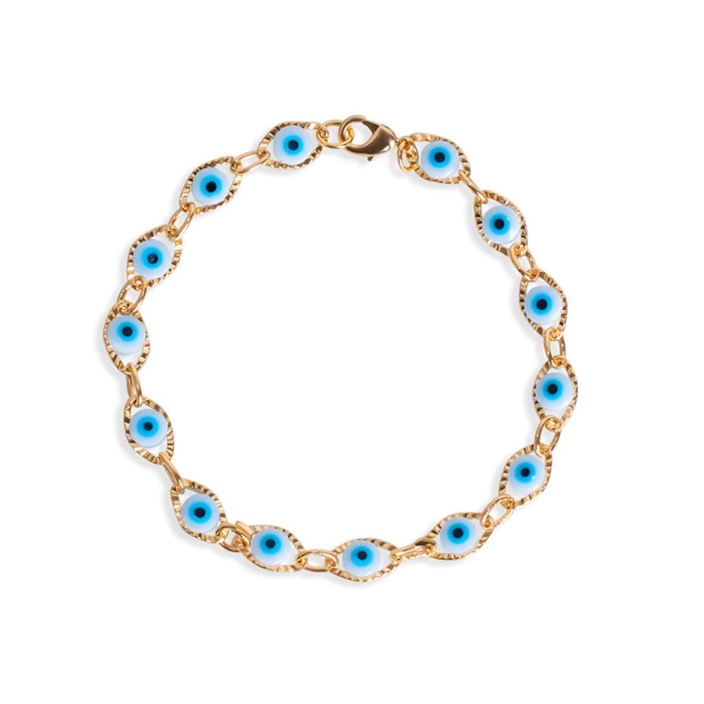 White and blue evil eye gold bracelet.